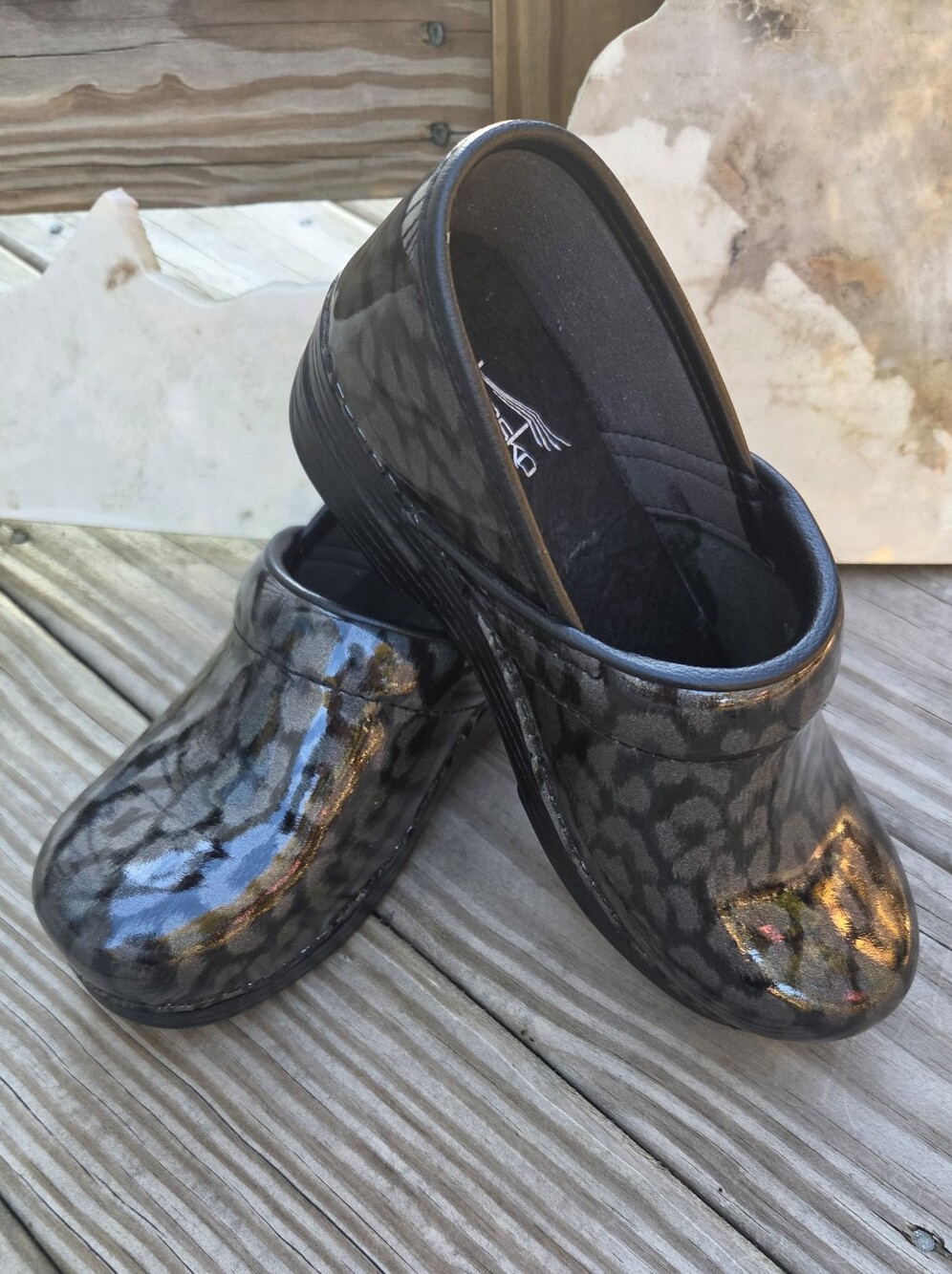 Dansko Black Gray Leopard-Print Patent Clogs Professional Wear.